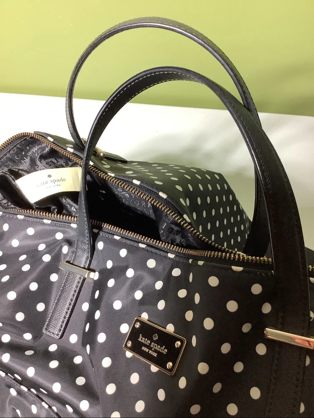 Kate Spade NY nylon black with white polka dots travel/weekender/duffle bag